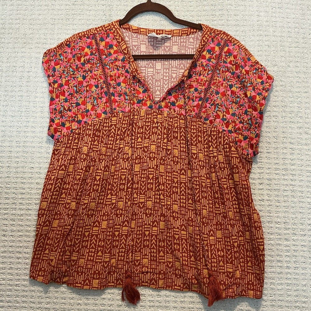 Savanna Jane Boho Embroidered Tribal Top Blouse L Southwestern Ochre